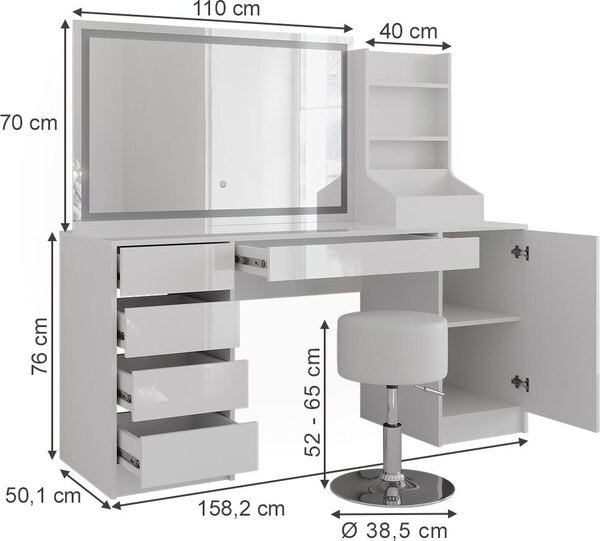 Toaletní stolek Vicco Sherry Bílá/Bílá vysoký lesk 158.2 cm se zrcadlem LED a stoličkou, Model 57669