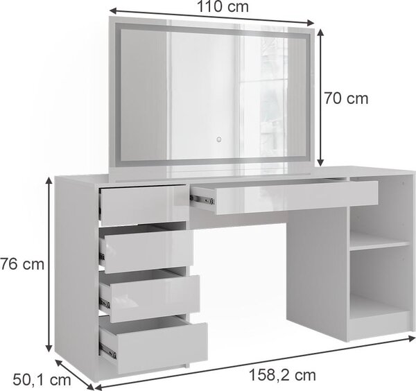 Toaletní stolek Vicco Sherry Bílá/Bílá vysoký lesk 158.2 cm se zrcadlem LED, Model 57659