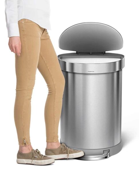Pedálový odpadkový koš Simplehuman – 60 l, půlkulatý, kartáčovaná ocel, FPP, rám na sáčky