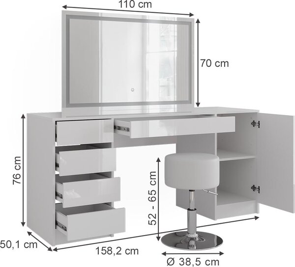 Toaletní stolek Vicco Sherry Bílá/Bílá vysoký lesk 158.2 cm se zrcadlem LED a stoličkou, Model 57666
