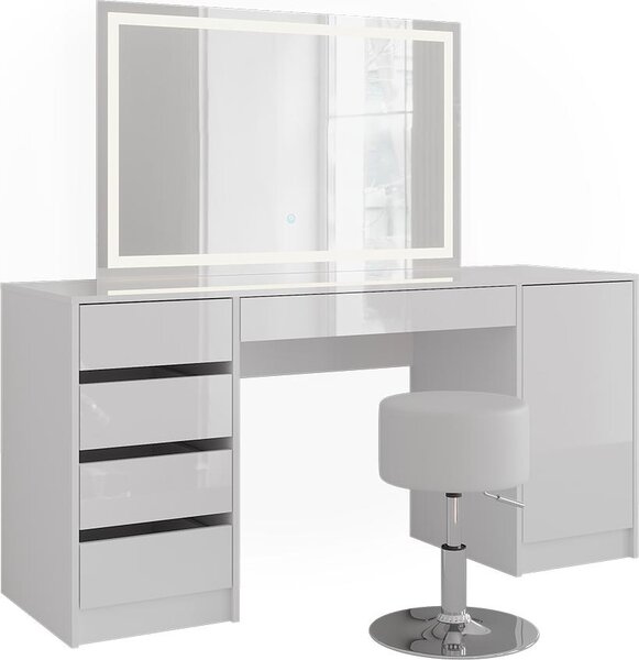 Toaletní stolek Vicco Sherry Bílá/Bílá vysoký lesk 158.2 cm se zrcadlem LED a stoličkou, Model 57666