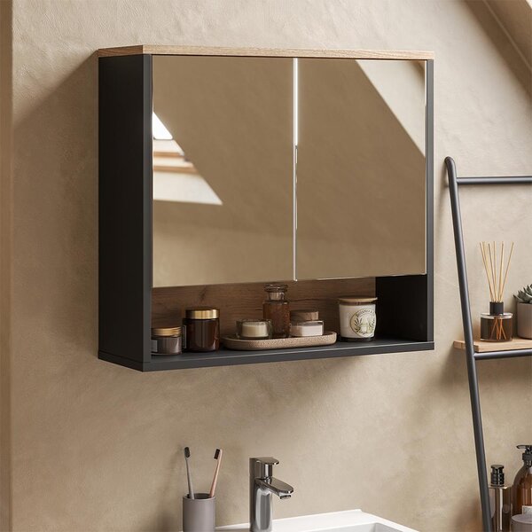Koupelnová zrcadlová skříňka Vicco Eliza Černá/Dub Viking 70 x 65 cm se 2 dveřmi, Model 66881