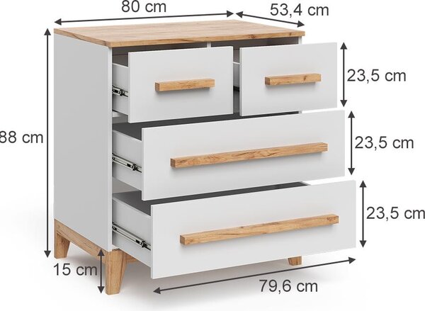 Kredenc Vitalispa Malia Bílá/Artisan 80 x 88 cm se 4 zásuvkami, Model 58365