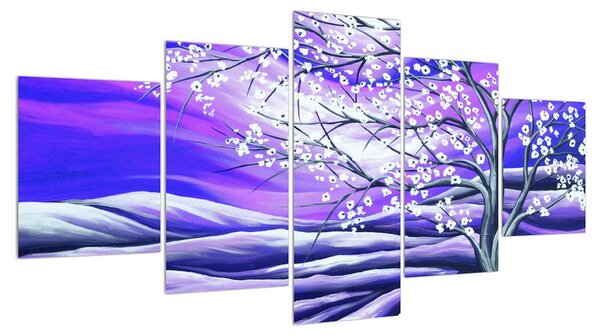 Fialový obraz rozkvetlého stromu (150x80 cm)