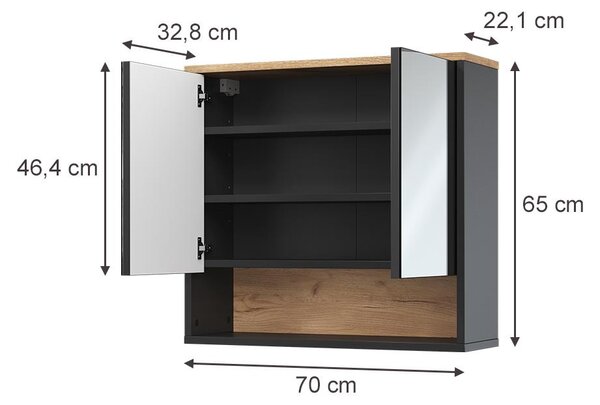 Koupelnová zrcadlová skříňka Vicco Eliza Černá/Dub Viking 70 x 65 cm se 2 dveřmi, Model 66881