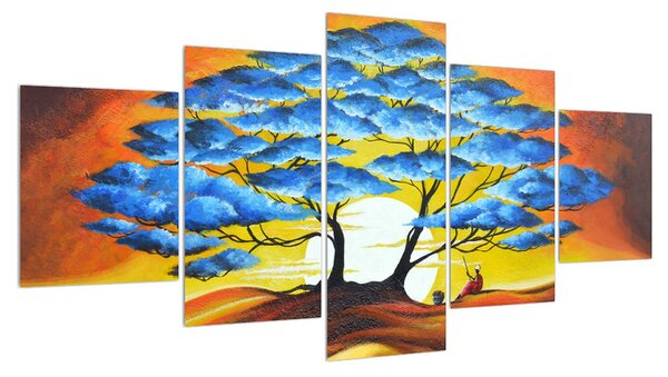 Orientální obraz modrého stromu a slunce (150x80 cm)
