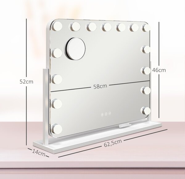 HOMCOM Hollywoodský zrcadlo s 15 LED diodami, 62,5 x 52 cm, otočné líčící zrcadlo