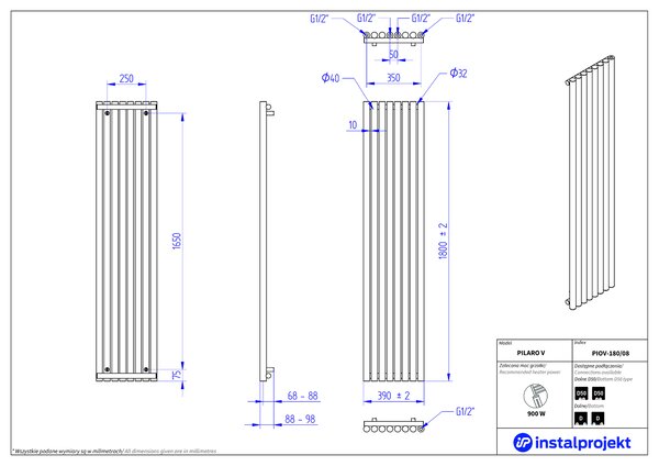 Instal Projekt Pilaro V koupelnový radiátor designově 180x39 cm bílá PIOV-180/08C34