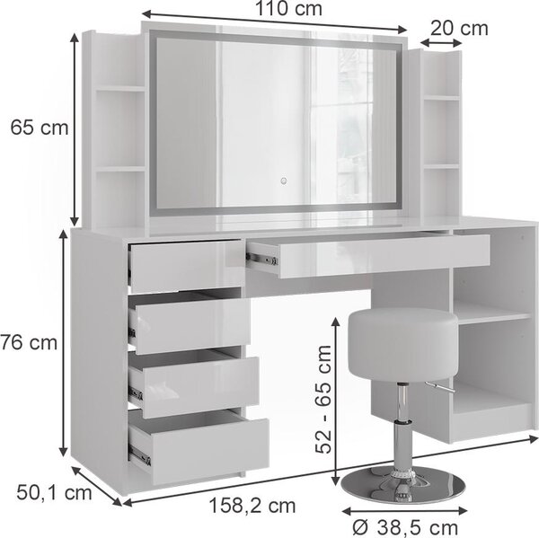 Toaletní stolek Vicco Sherry Bílá/Bílá vysoký lesk 158.2 cm se zrcadlem LED a stoličkou, Model 57655