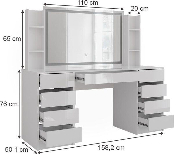 Toaletní stolek Vicco Sherry Bílá/Bílá vysoký lesk 158.2 cm se zrcadlem LED, Model 57662