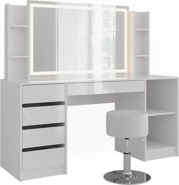Toaletní stolek Vicco Sherry Bílá/Bílá vysoký lesk 158.2 cm se zrcadlem LED a stoličkou, Model 57655