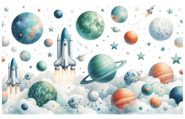 Tapeta dětský vesmírný svět s raketami