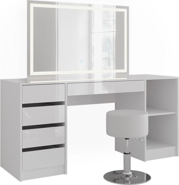 Toaletní stolek Vicco Sherry Bílá/Bílá vysoký lesk 158.2 cm se zrcadlem LED a stoličkou, Model 57654