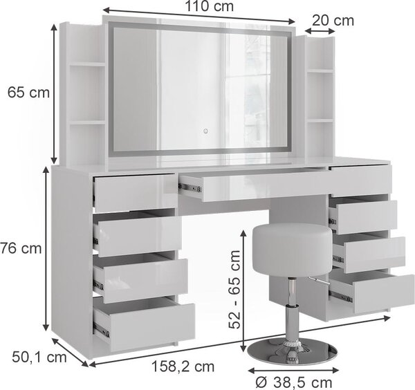 Toaletní stolek Vicco Sherry Bílá/Bílá vysoký lesk 158.2 cm se zrcadlem LED a stoličkou, Model 57661