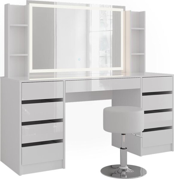 Toaletní stolek Vicco Sherry Bílá/Bílá vysoký lesk 158.2 cm se zrcadlem LED a stoličkou, Model 57661