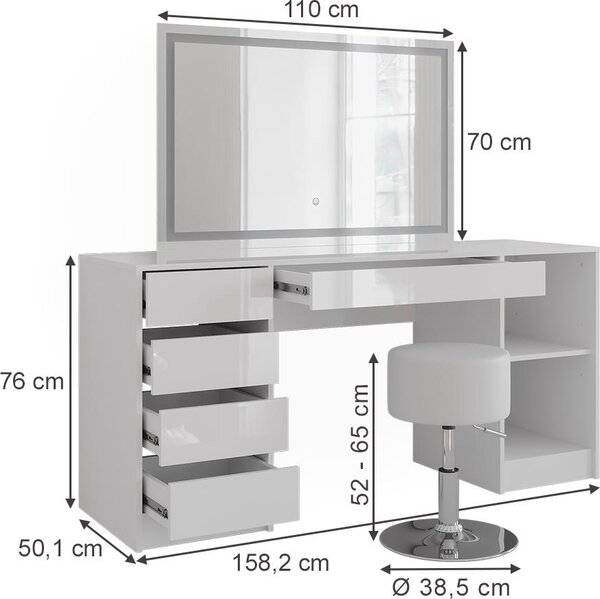 Toaletní stolek Vicco Sherry Bílá/Bílá vysoký lesk 158.2 cm se zrcadlem LED a stoličkou, Model 57654