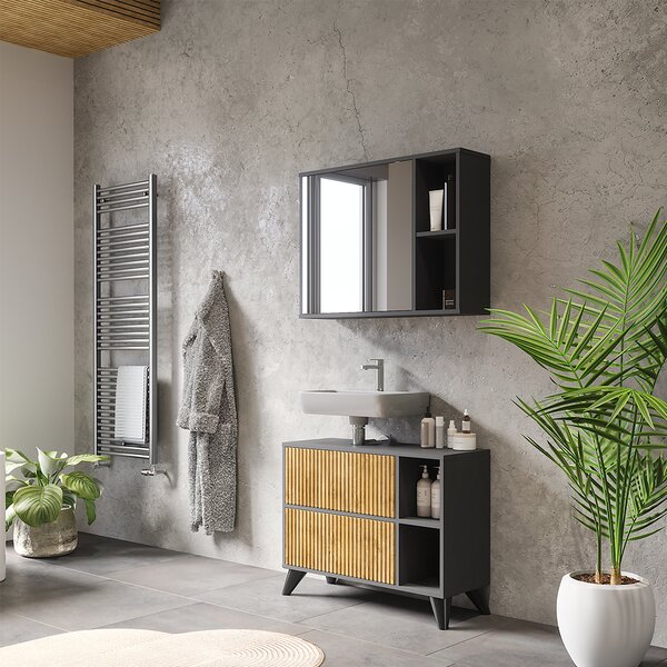 Koupelnová skříňka se zrcadlem Vicco Leano Antracit/horský dub 80 x 60 cm, Model 52129