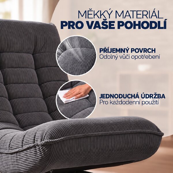 Deuba Relaxační manšestrové křeslo - šedé