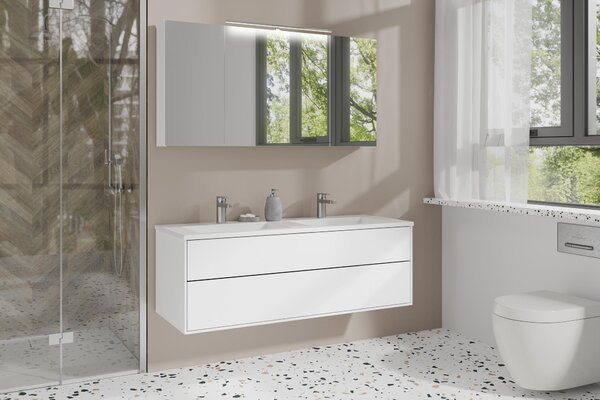 ByLIVING SPREE zrcadlová skříňka / Matný bílý korpus se zrcadlovými dvířky / Nástěnná skříňka s funkcí pozvolného zavírání / LED osvětlení v ceně / Koupelnová skříňka se zástrčkou a spínací skříňkou / Š 120, V 60, H 20 cm