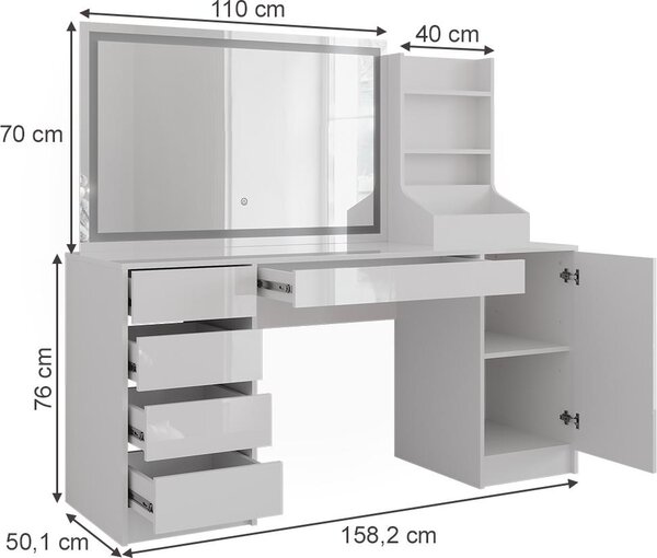 Toaletní stolek Vicco Sherry Bílá/Bílá vysoký lesk 158.2 cm se zrcadlem LED, Model 57670