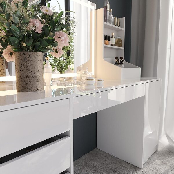 Toaletní stolek Vicco Sherry Bílá/Bílá vysoký lesk 158.2 cm se zrcadlem LED, Model 57670