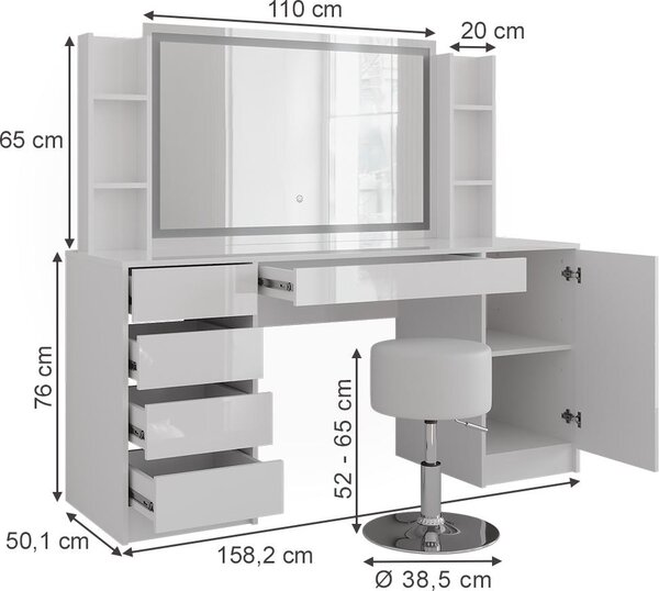 Toaletní stolek Vicco Sherry Bílá/Bílá vysoký lesk 158.2 cm se zrcadlem LED a stoličkou, Model 57667