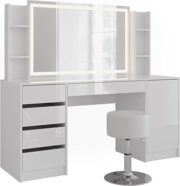 Toaletní stolek Vicco Sherry Bílá/Bílá vysoký lesk 158.2 cm se zrcadlem LED a stoličkou, Model 57667
