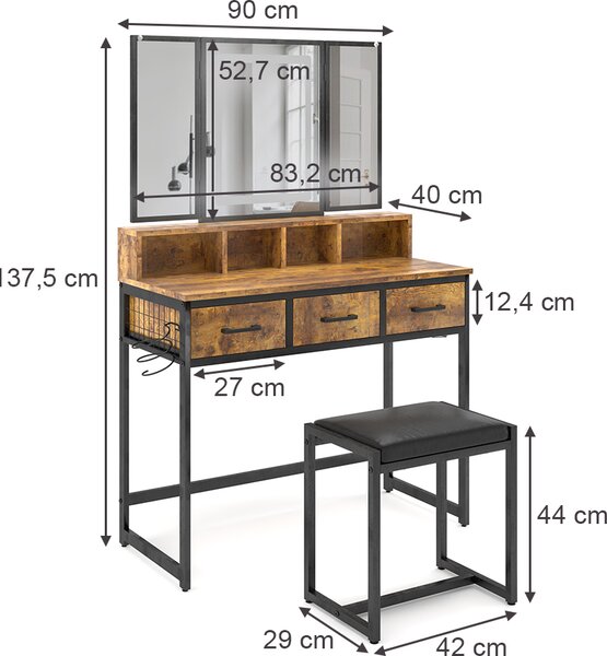 Toaletní stolek Vicco Fyrk Rustikální dub 90 cm se zrcadlem LED a stoličkou, Model 53021