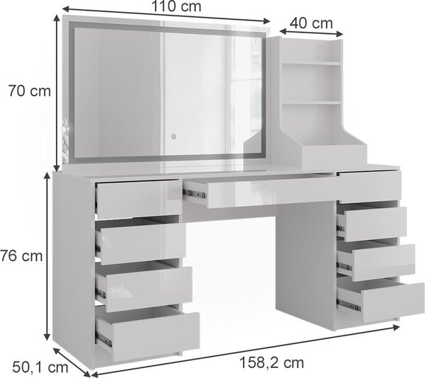 Toaletní stolek Vicco Sherry Bílá/Bílá vysoký lesk 158.2 cm se zrcadlem LED, Model 57664