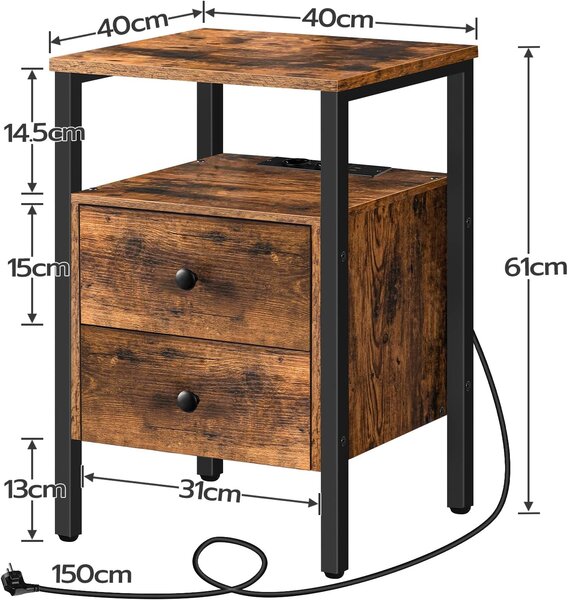 Noční stolek Vasagle Jungo 40 cm s nabíjecí stanicí hnědý/černý