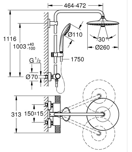 Grohe Vitalio Joy sprchová sada na stěnu s termostatem s dešťovou sprchou černá 264032432