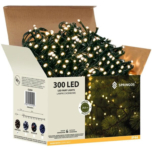 LED světelný řetěz - 25,5m, 300LED, IP44, teplá bílá