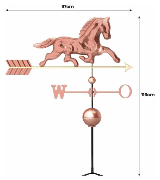 Dekorativní měděná korouhvička kůň, 118 cm