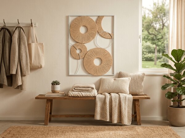 Nástěnná dekorace CIRCLES kovová 48x68 cm, bílá / béžová