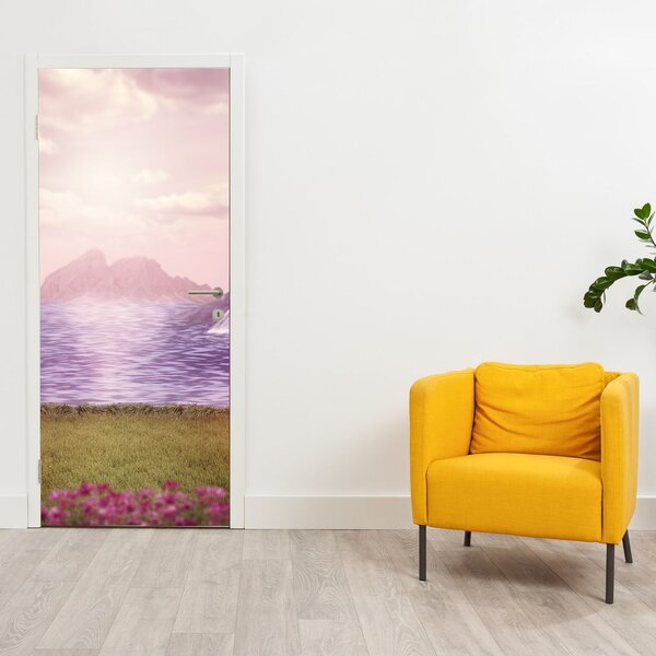 Fototapeta na dveře - Růžové stromy s jezerem (95x205cm)