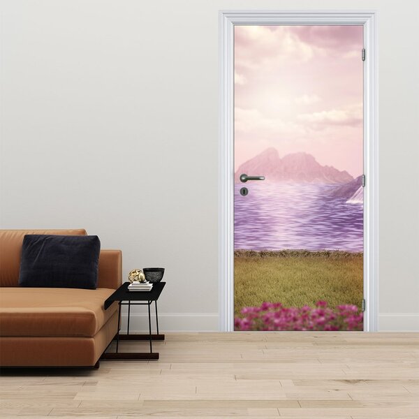 Fototapeta na dveře - Růžové stromy s jezerem (95x205cm)
