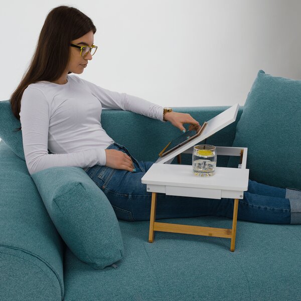KONDELA Příruční stolek na notebook / držák na tablet, bílá / přírodní bambus, MELTEN