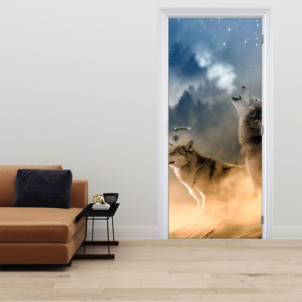 Fototapeta na dveře - Vlci vyjící na měsíc (95x205cm)