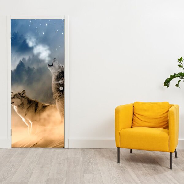 Fototapeta na dveře - Vlci vyjící na měsíc (95x205cm)