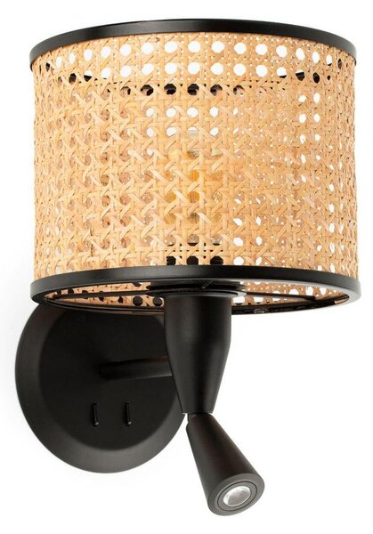 MAMBO černá/ratan nástěnná lampa se čtecí lampičkou pr.210 - FARO