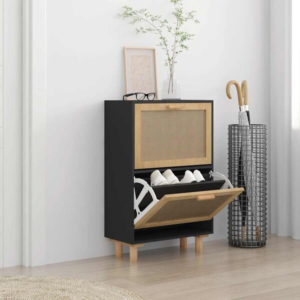 Botník černý 52 x 25 x 80 cm kompozitní dřevo a přírodní ratan