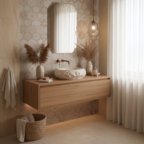 Umyvadlo na desku z kompozitního kamene REA MIKA WARM BEIGE 50x38 cm, béžová