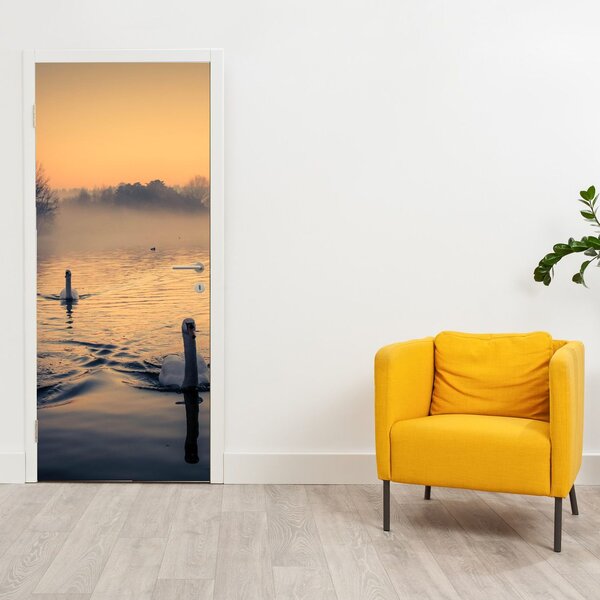 Fototapeta na dveře - Labutě na vodě v mlze (95x205cm)