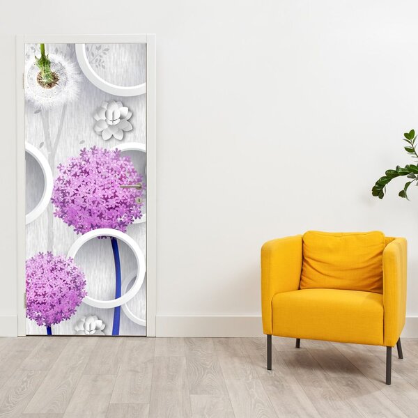 Fototapeta na dveře - 3D abstrakce, kruhy a květiny (95x205cm)