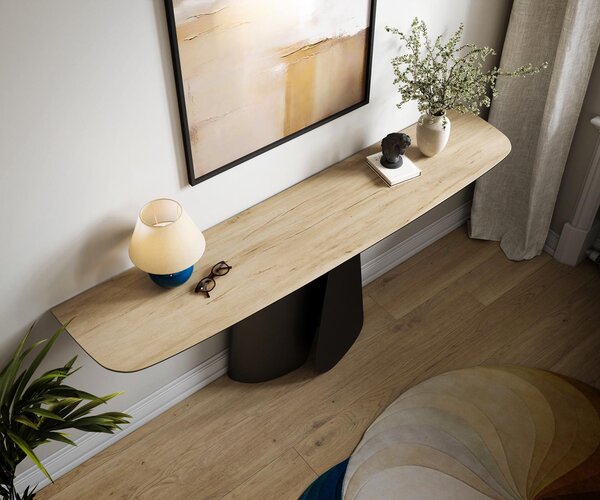 DELIFE Konzolový stůl Edge oválný tvar 180×40 cm keramika Laminam® Sabbia dubová barva Livos kov černá