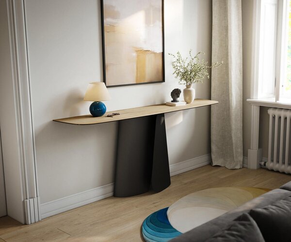 DELIFE Konzolový stůl Edge oválný tvar 180×40 cm keramika Laminam® Sabbia dubová barva Livos kov černá