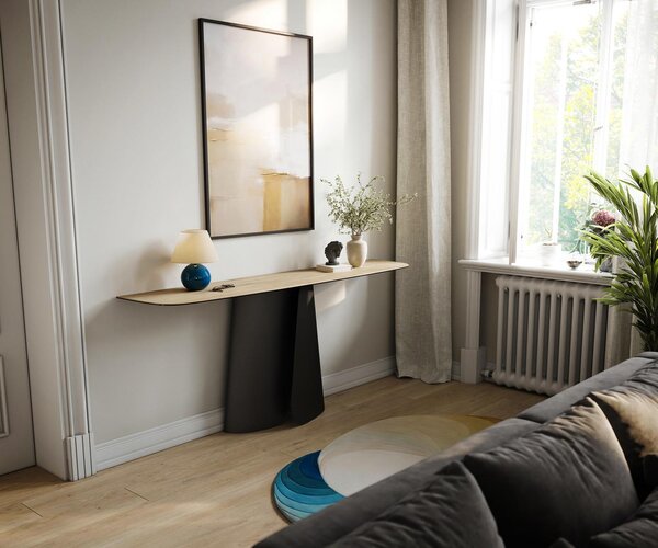 DELIFE Konzolový stůl Edge oválný tvar 180×40 cm keramika Laminam® Sabbia dubová barva Livos kov černá