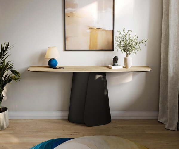 DELIFE Konzolový stůl Edge oválný tvar 180×40 cm keramika Laminam® Sabbia dubová barva Livos kov černá