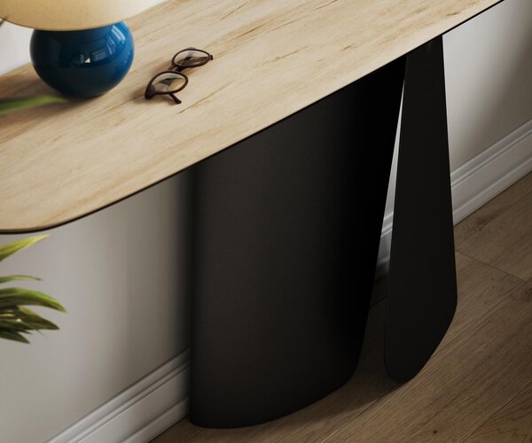 DELIFE Konzolový stůl Edge oválný tvar 180×40 cm keramika Laminam® Sabbia dubová barva Livos kov černá