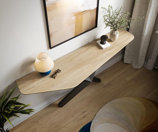 DELIFE Konzolový stůl Edge polygonální 180×50 cm keramika Laminam® Sabbia dubová Zentharo kov černý